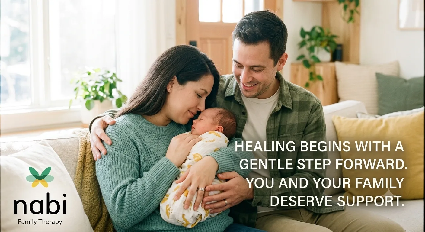 A mother and father embrace a newborn on a couch, with text reading "Healing begins with a gentle step forward. You and your family deserve support."