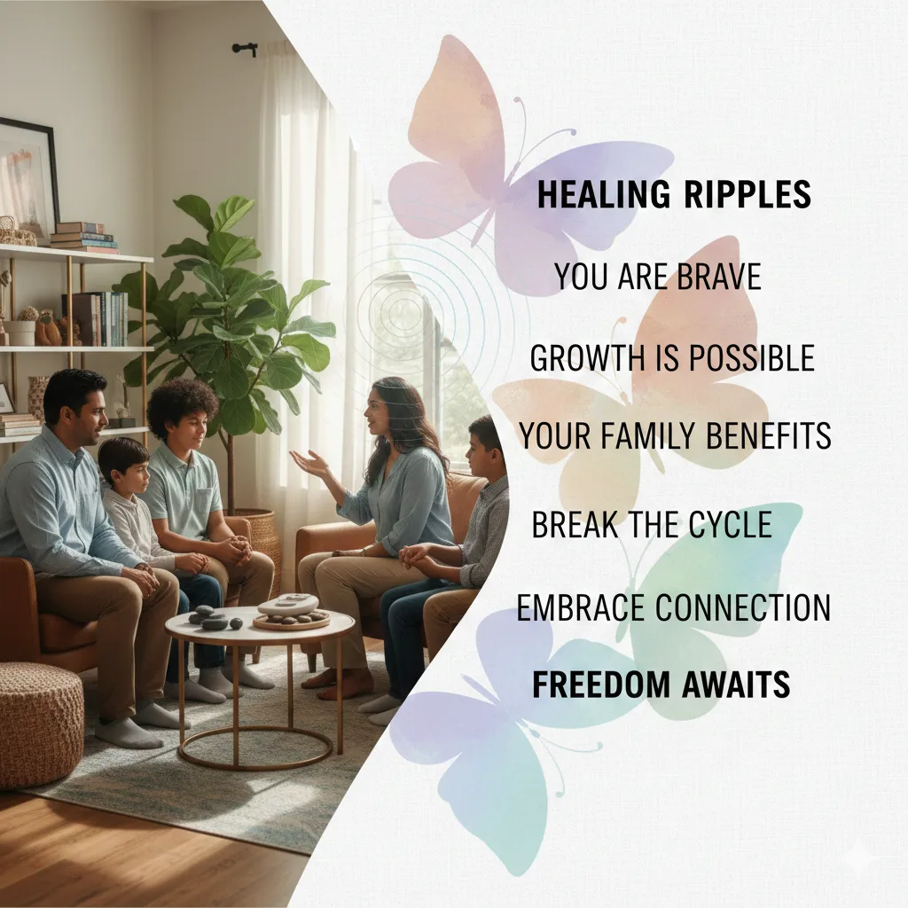 An illustrated graphic of a family talking on couches beside butterfly graphics and the words "Healing ripples: you are brave, growth is possible, your family benefits, break the cycle, embrace connection, freedom awaits."