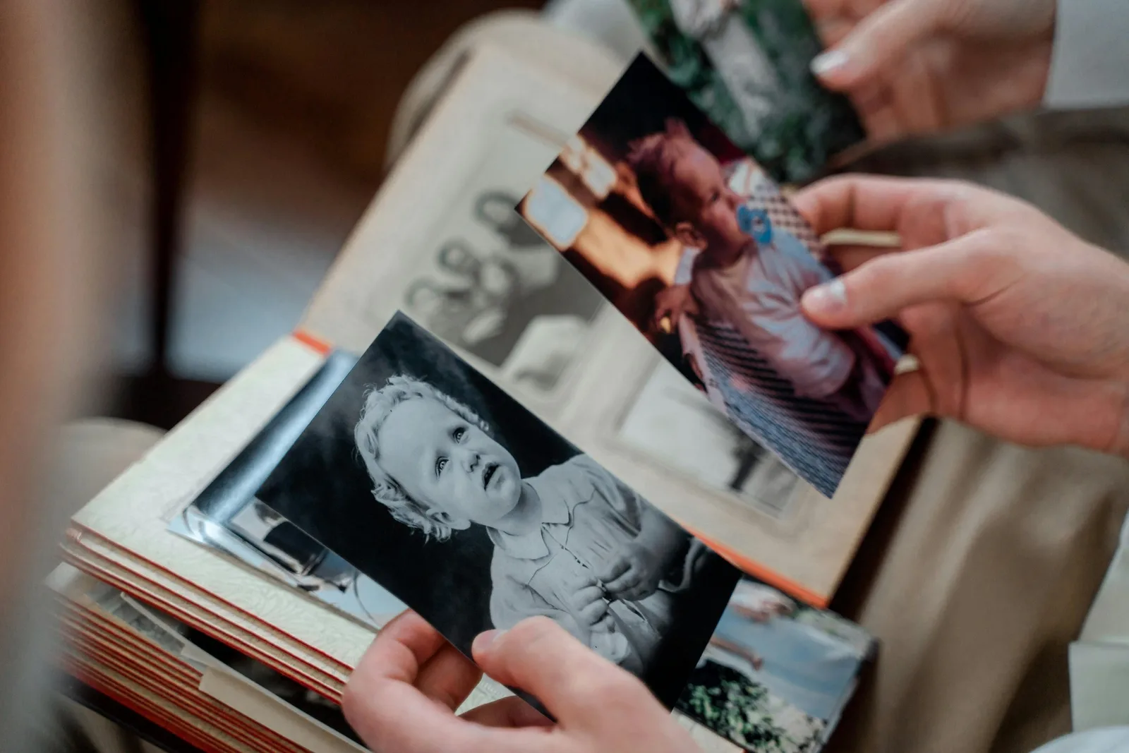 Hands hold up old photographs from a family photo album.