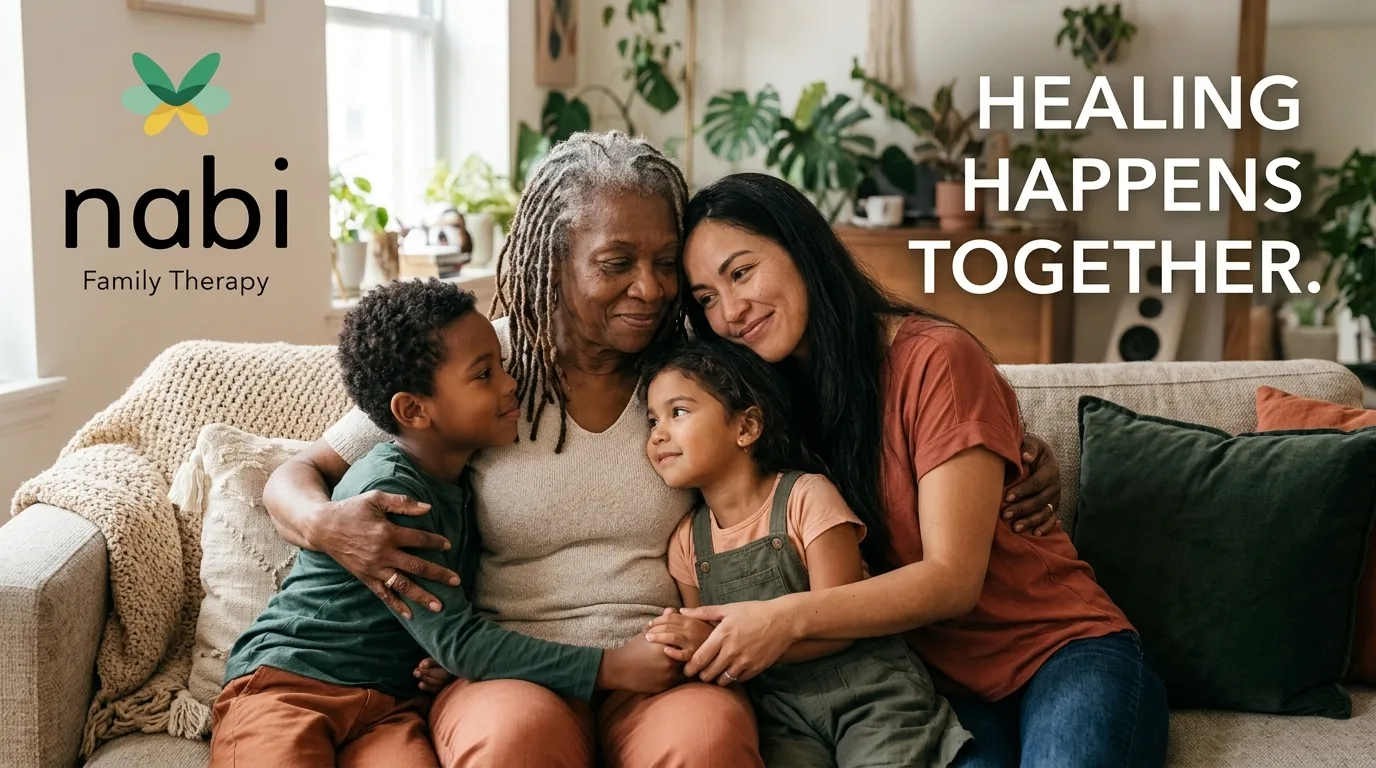 A grandmother and mother embrace two children on a couch, with the Nabi Family Therapy logo and the text "Healing happens together."