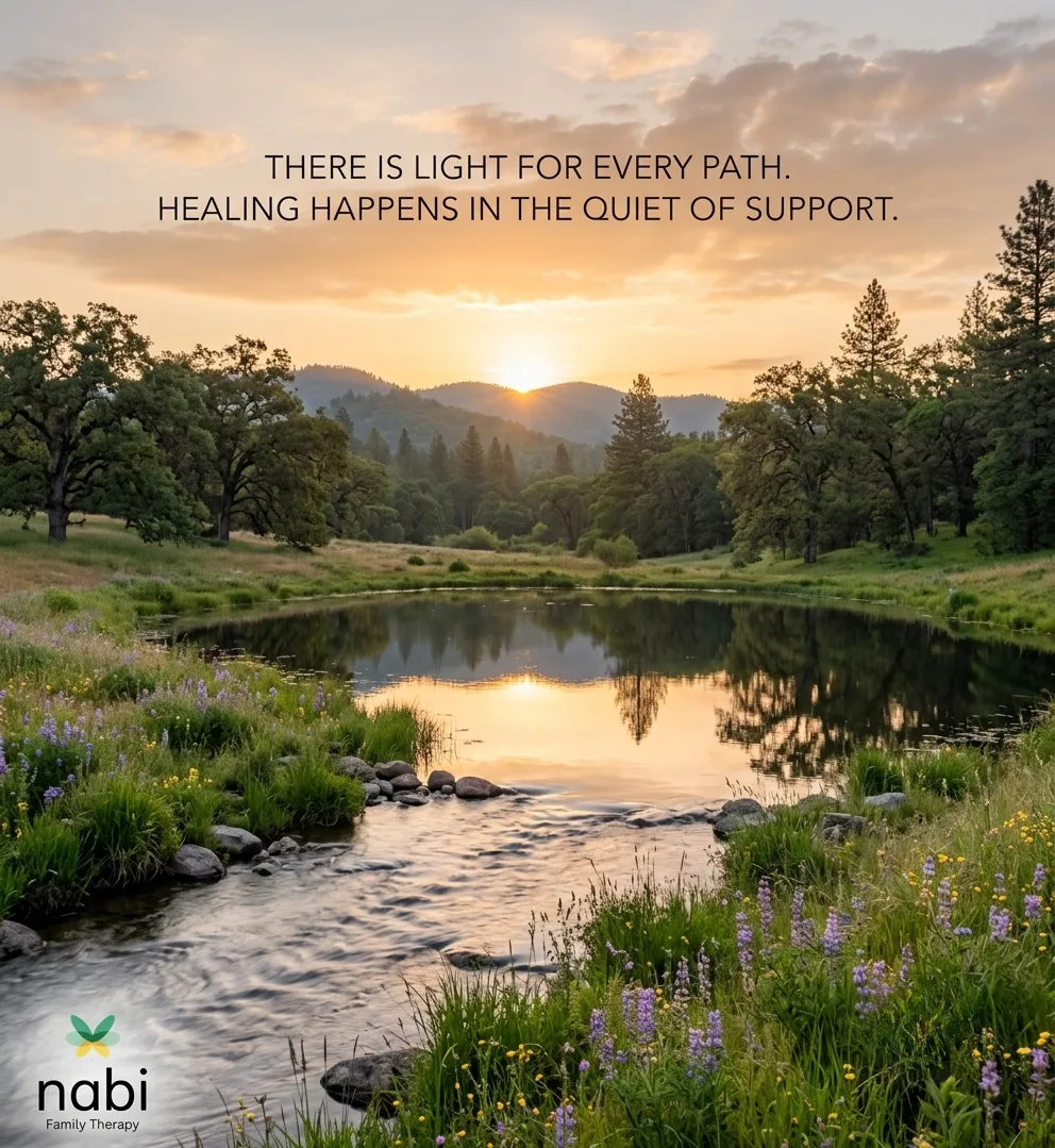A sunrise over a pond and green meadow with wildflowers, overlaid with the text "There is light for every path. Healing happens in the quiet of support." and the Nabi Family Therapy logo.