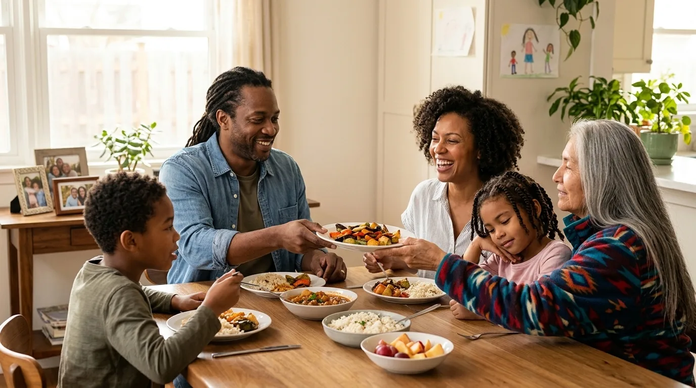 A family of five shares a meal together around a wooden dining table.