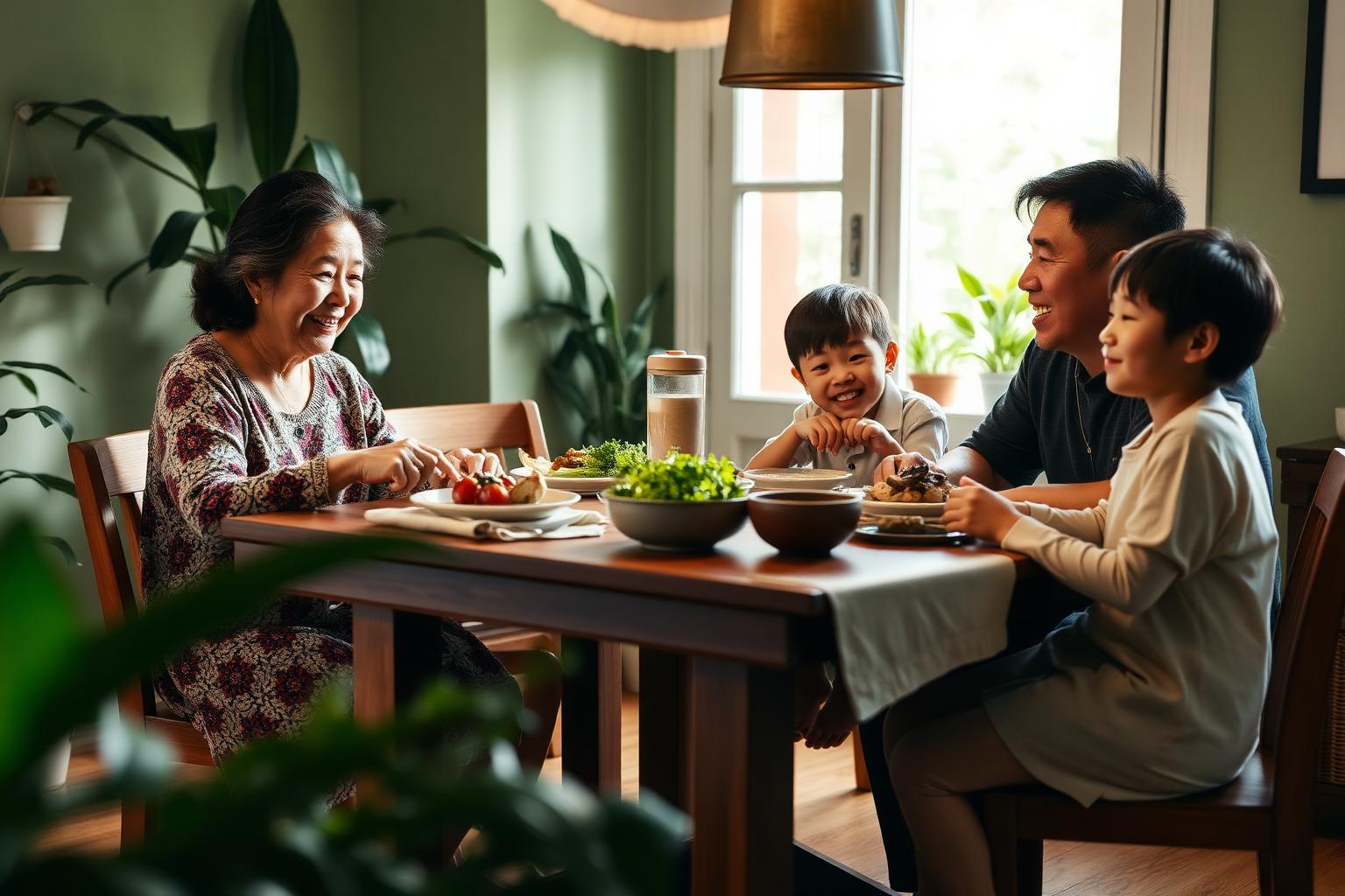 A multigenerational Korean American family sharing a meal around a warm wood dining table in a sunlit, plant-filled Los Angeles home.