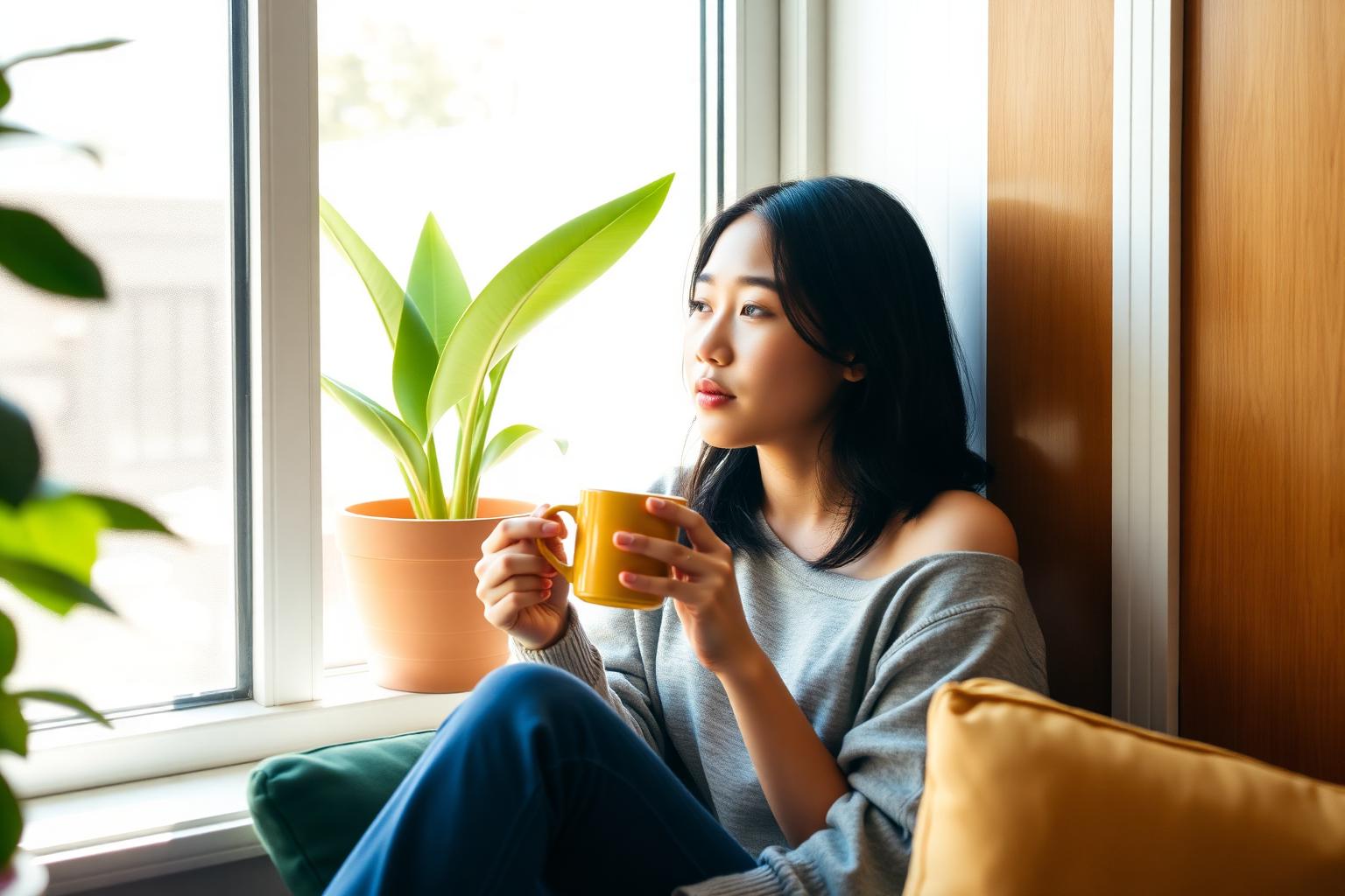 Soft daylight through a window in a quiet, calm room.