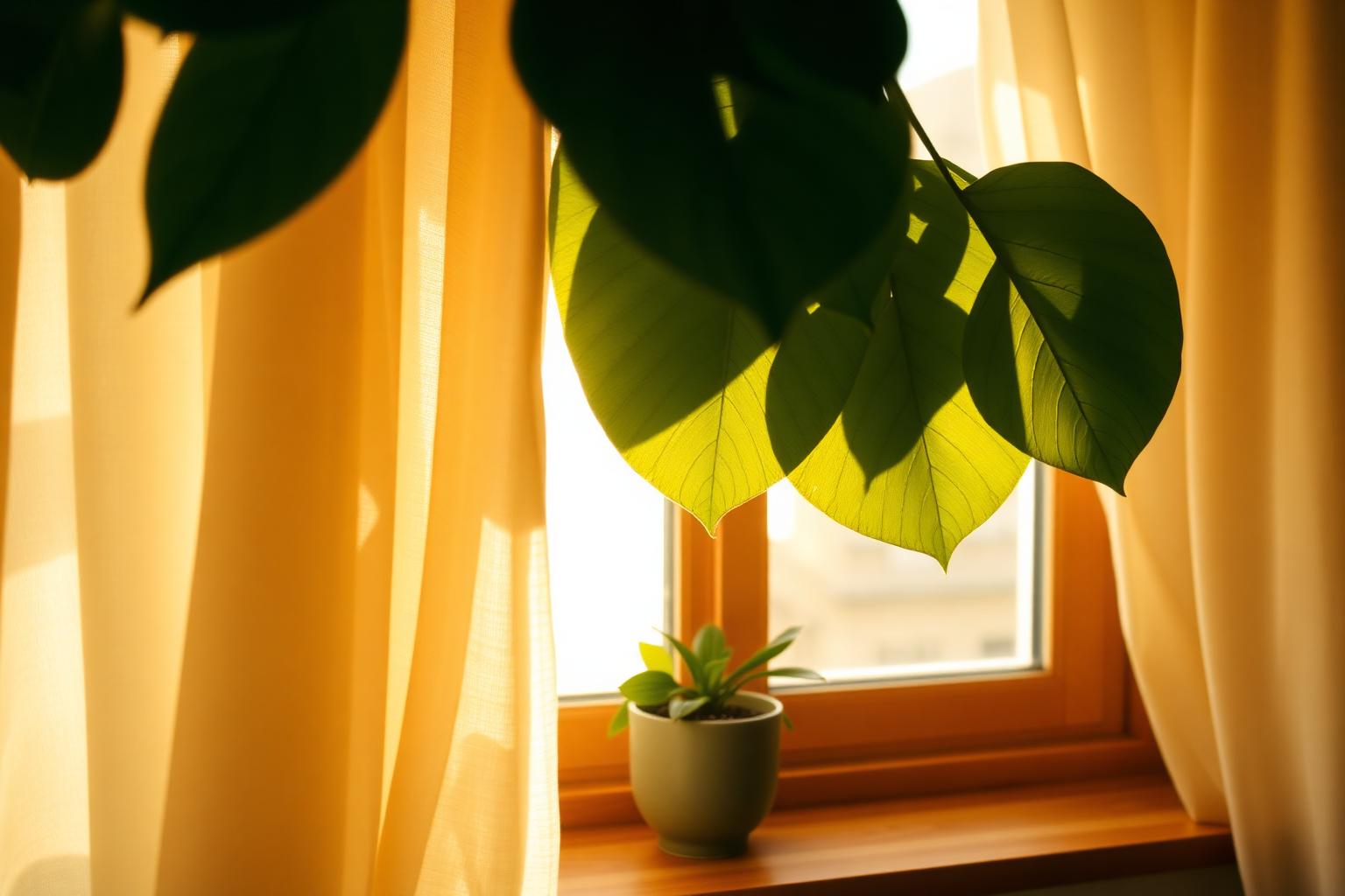 Soft warm California afternoon light through layered translucent curtains and overlapping green leaves at a home window, evoking gentle change.