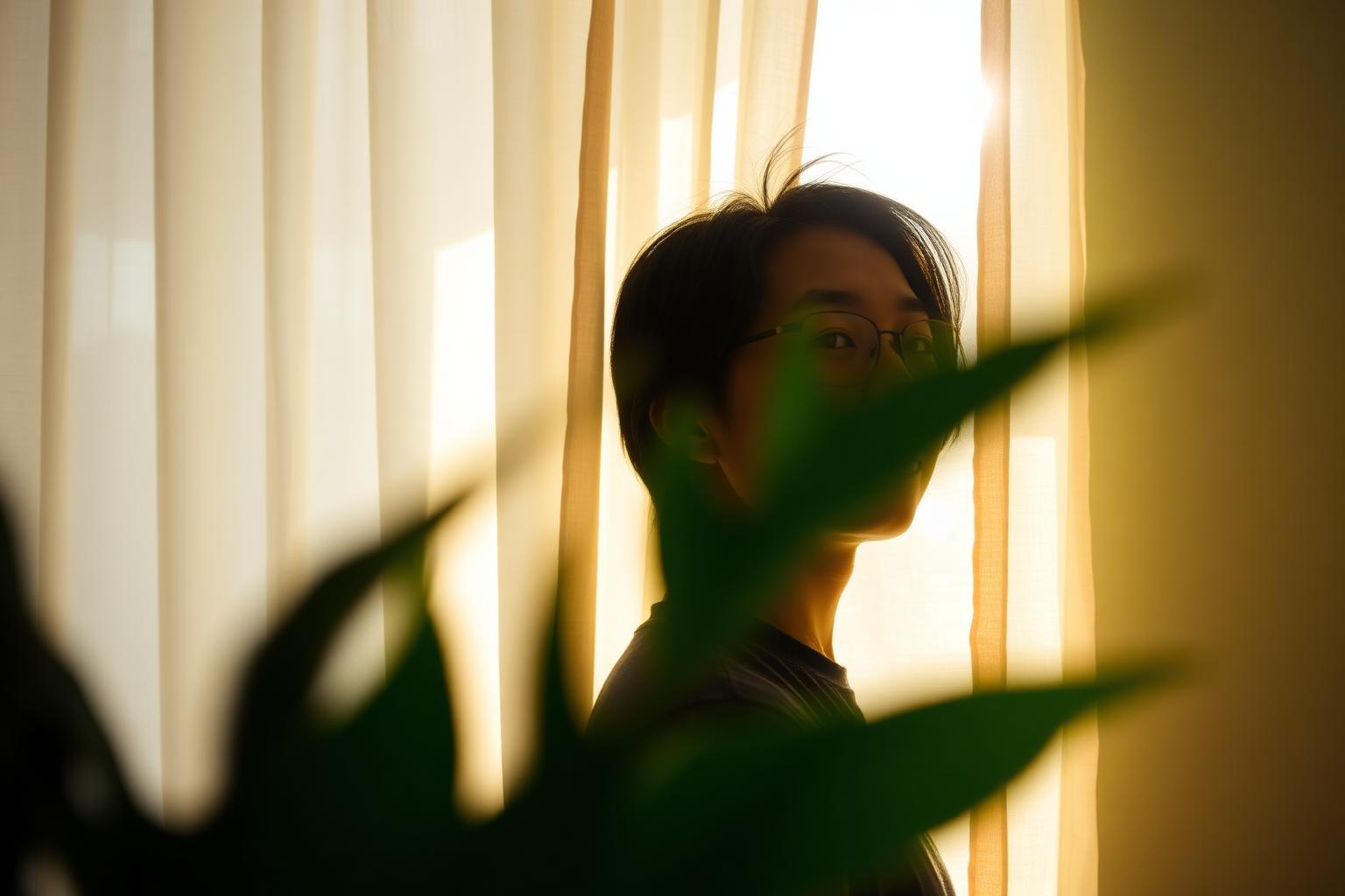 An Asian American adult standing near a sunlit window, warm light filtering through layered translucent curtains and green foliage in the foreground.