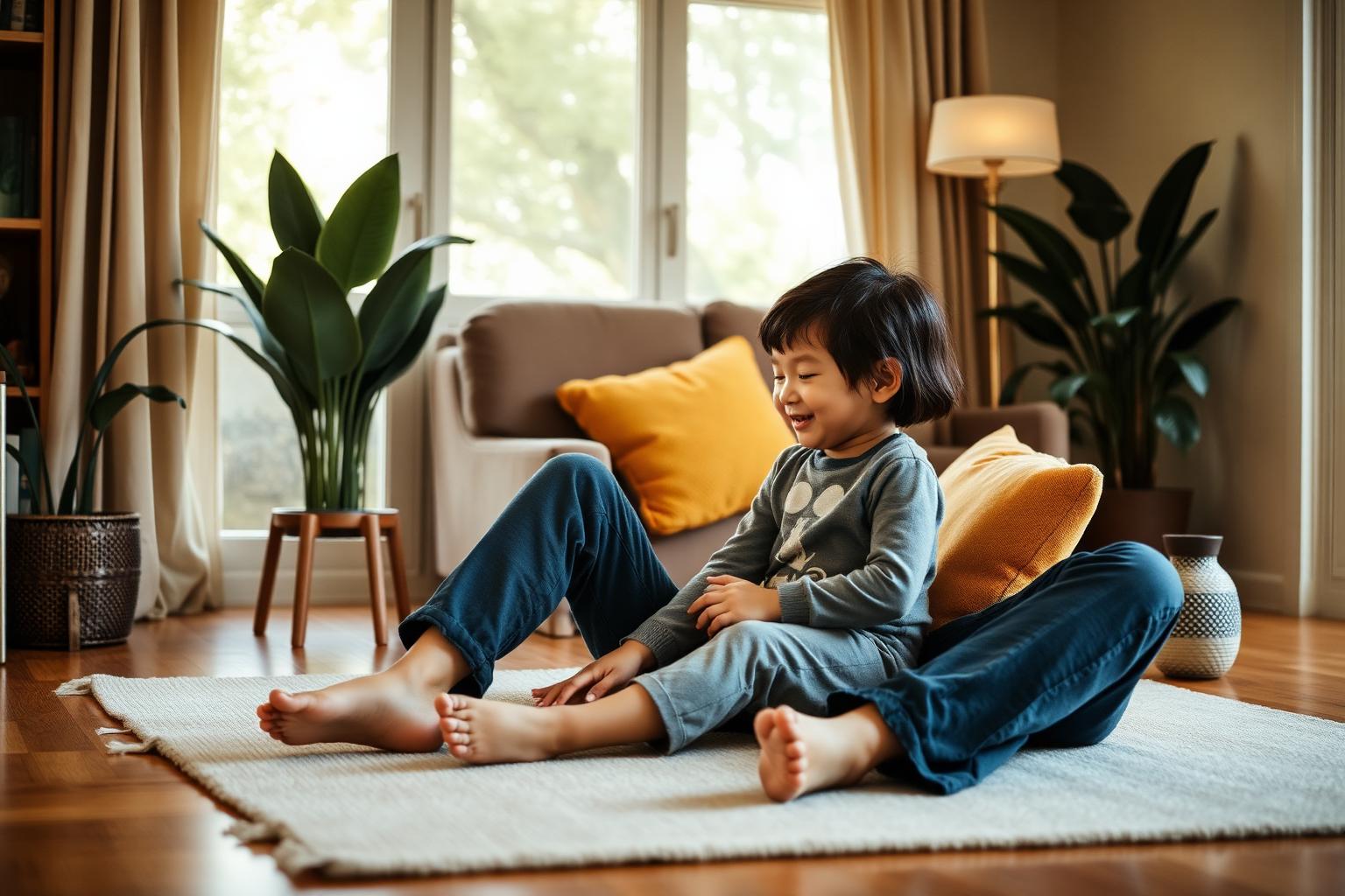 A parent and child sitting together in a warm, sunlit space.