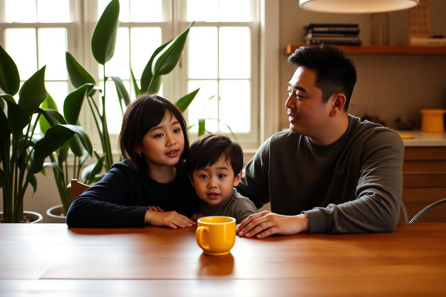 A parent in conversation in a calm, softly lit room.
